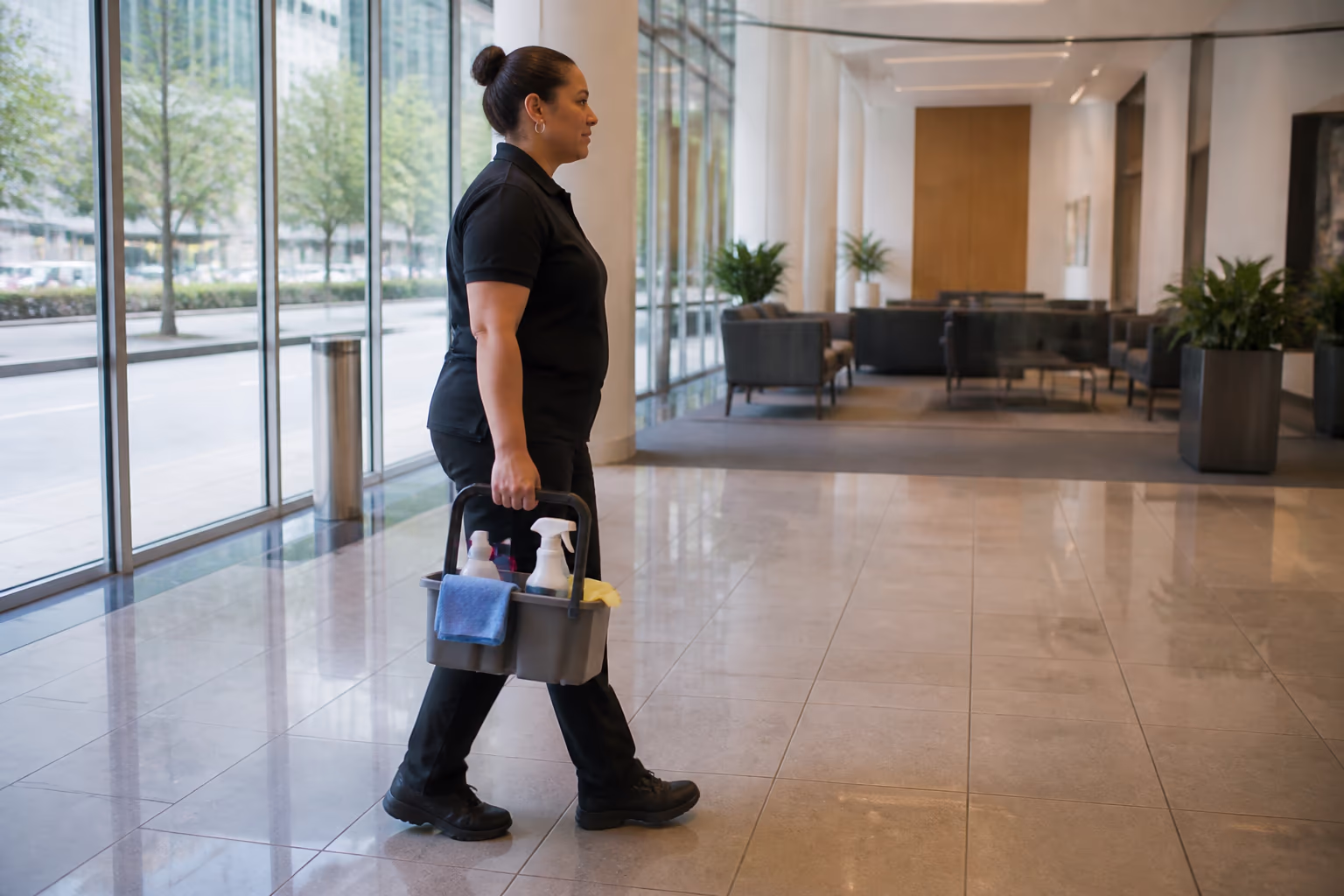 A day porter carrying a microfibre cleaning caddy across the lobby of a downtown Ottawa office tower during business hours.