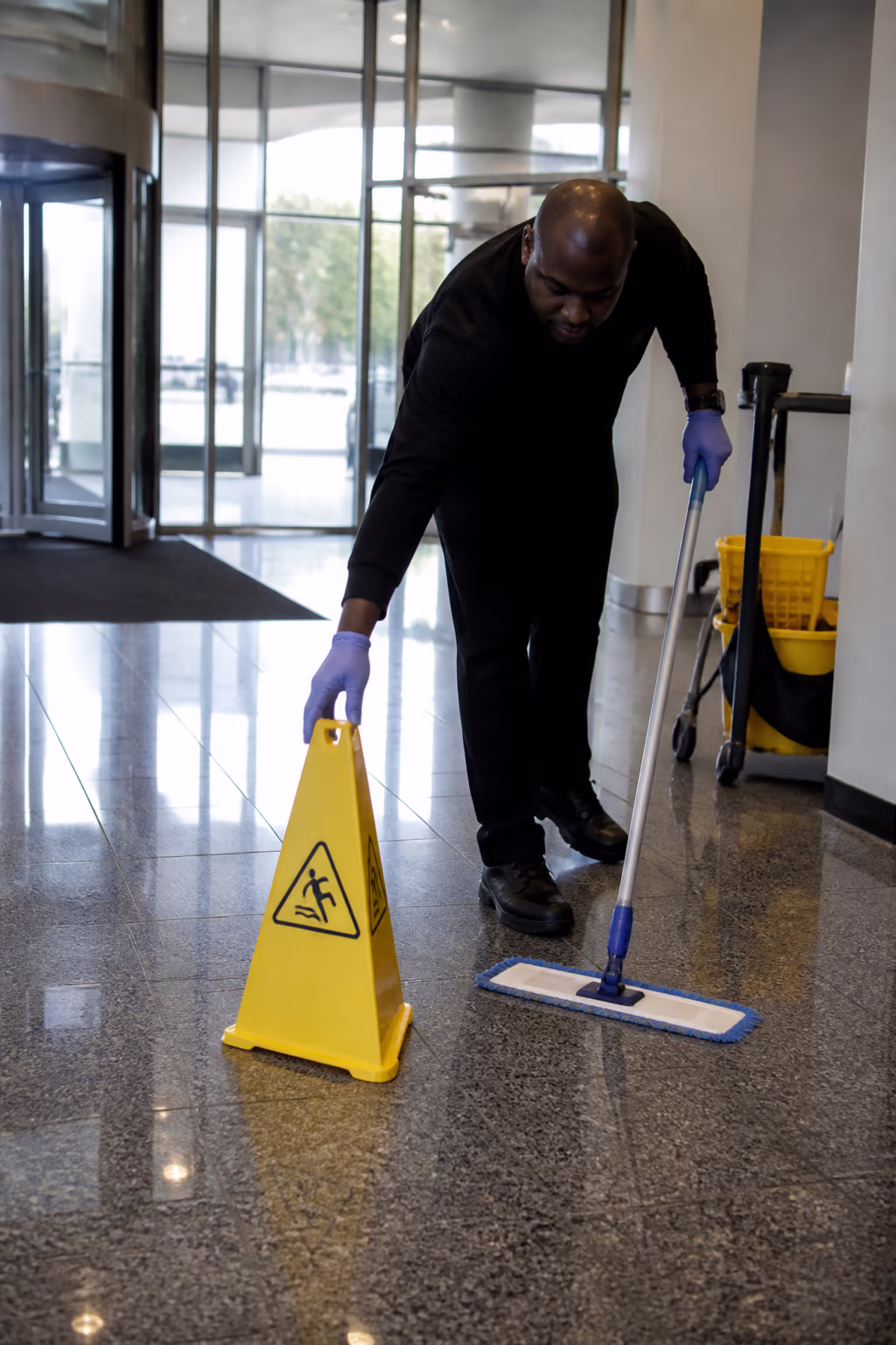 A day porter placing a yellow caution cone beside a freshly mopped lobby floor in an Ottawa commercial building, mid-morning.