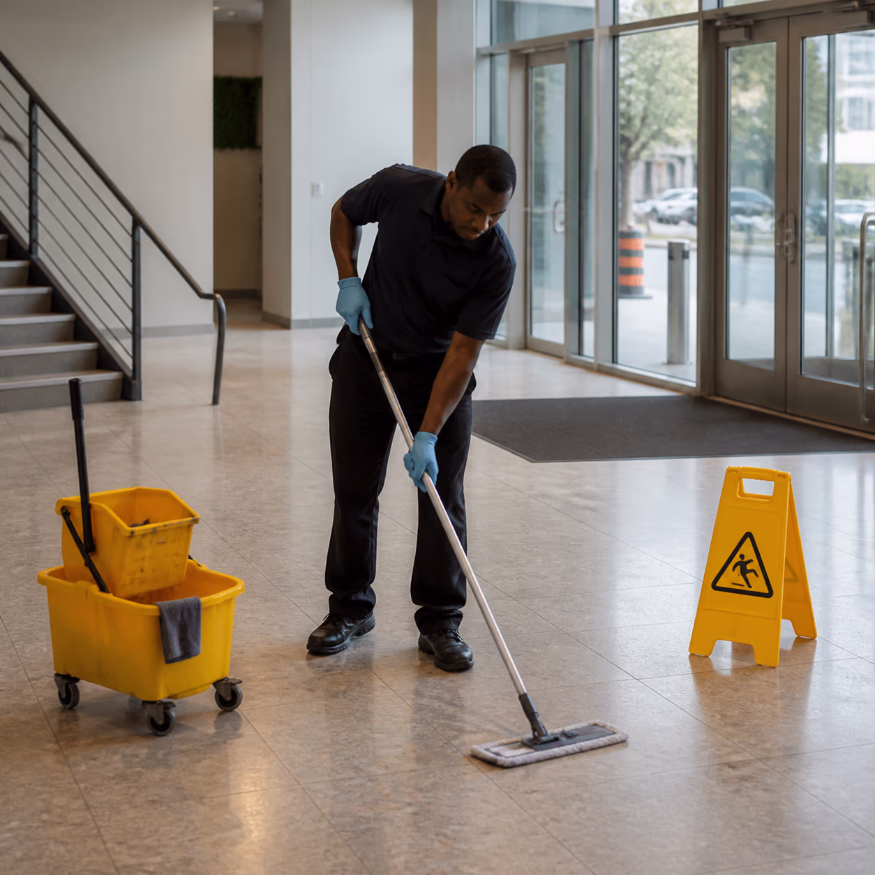 A uniformed day porter mopping a lobby entrance and setting out a wet-floor sign in a busy Ottawa commercial building mid-morning.
