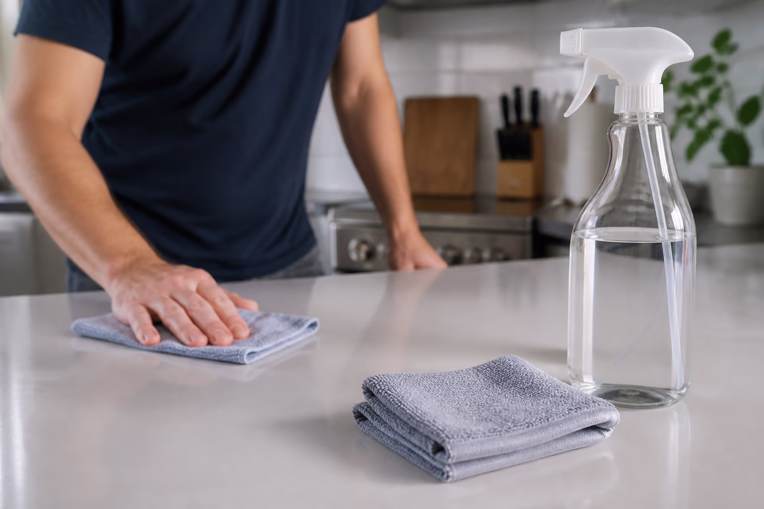 A close-up of a professional spray bottle of disinfectant and a folded microfibre cloth resting on a clean kitchen counter.