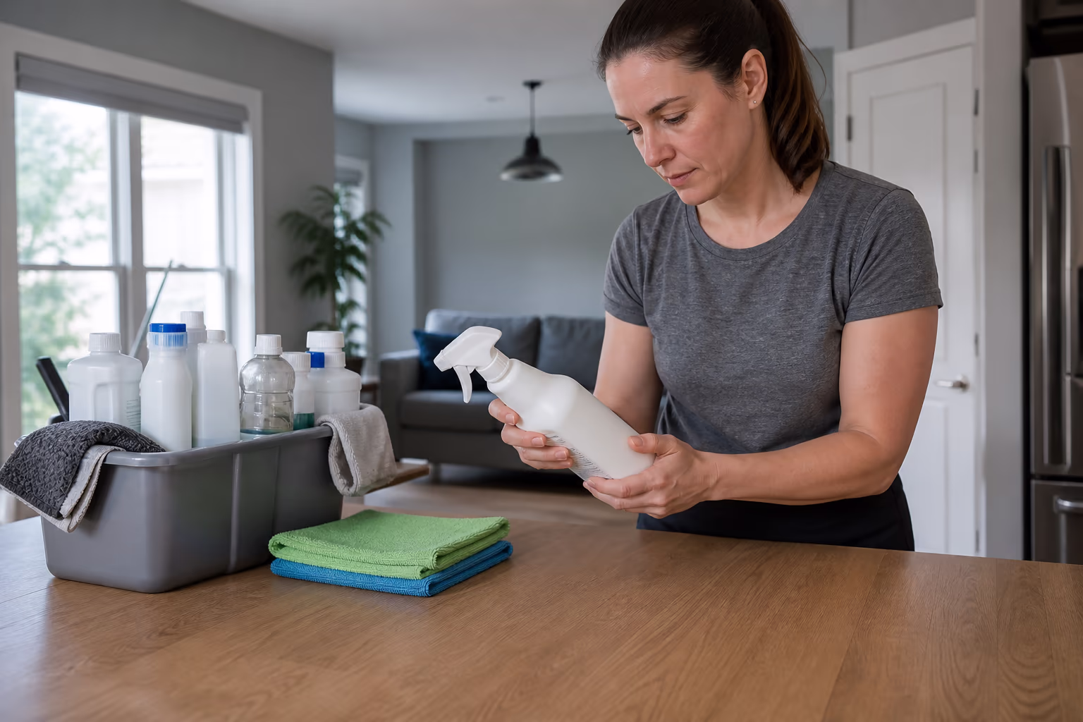 A cleaner selecting the right product for a light oak finish in an Ottawa home, with a spray bottle, split-microfibre cloths and a caddy of Health Canada DIN-registered disinfectants nearby.