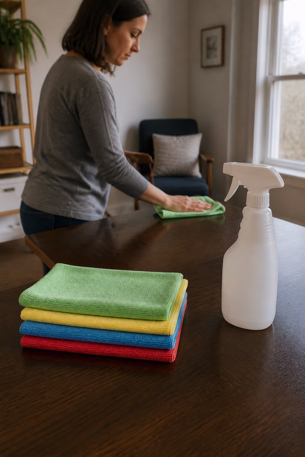 A colour-coded set of split-microfibre cloths and a Health Canada DIN-registered disinfectant spray in an Ottawa home, ready for a clean-then-disinfect routine.
