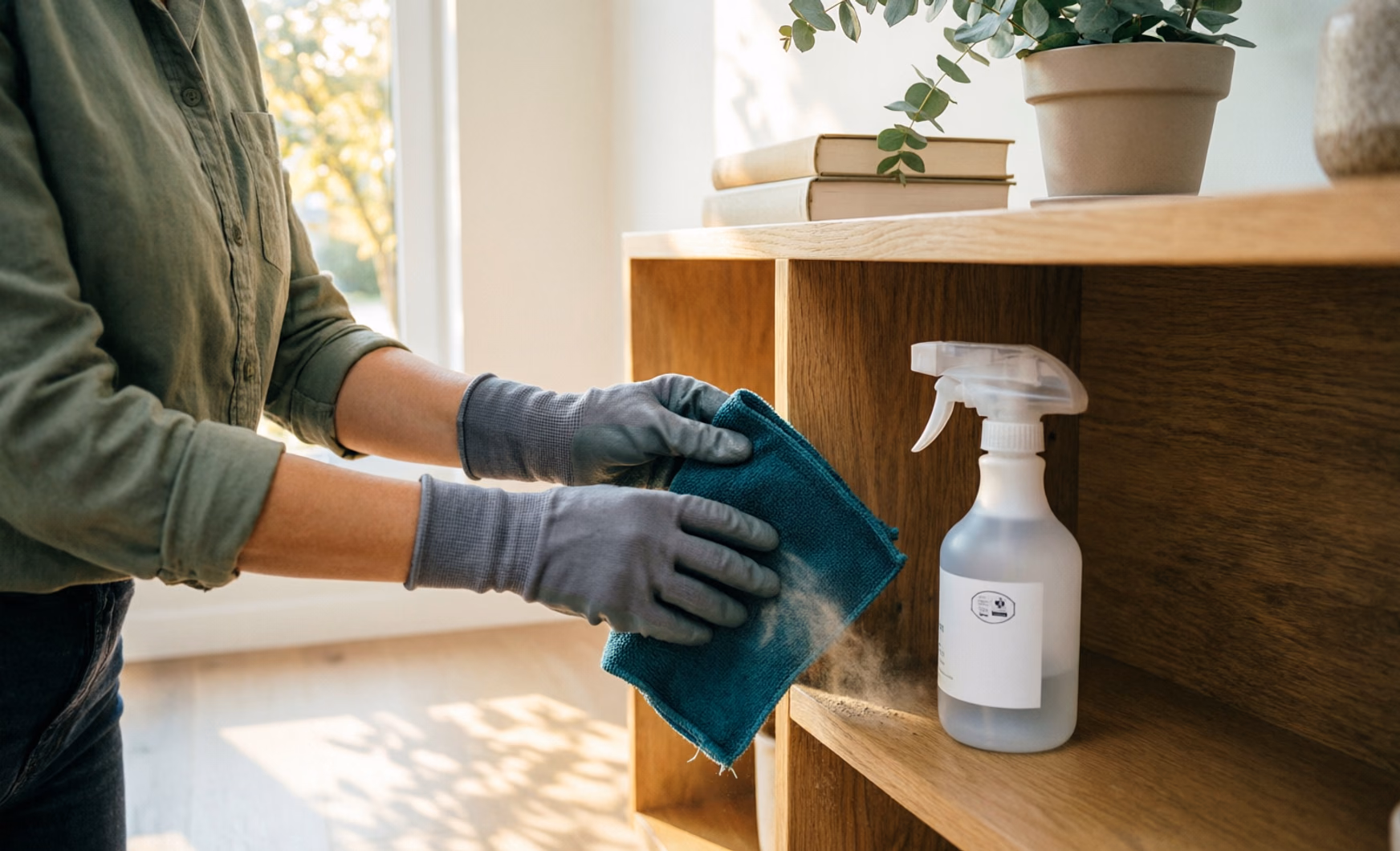A split-microfibre cloth capturing dust on a wooden shelf beside a spray bottle of eco-friendly cleaner with a Health Canada DIN label.