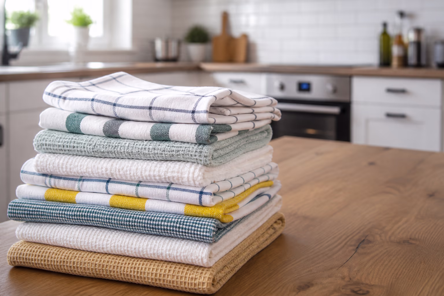 A neat pile of freshly washed kitchen tea towels, rugs and curtains folded on a table after a deep clean, ready to be stored.