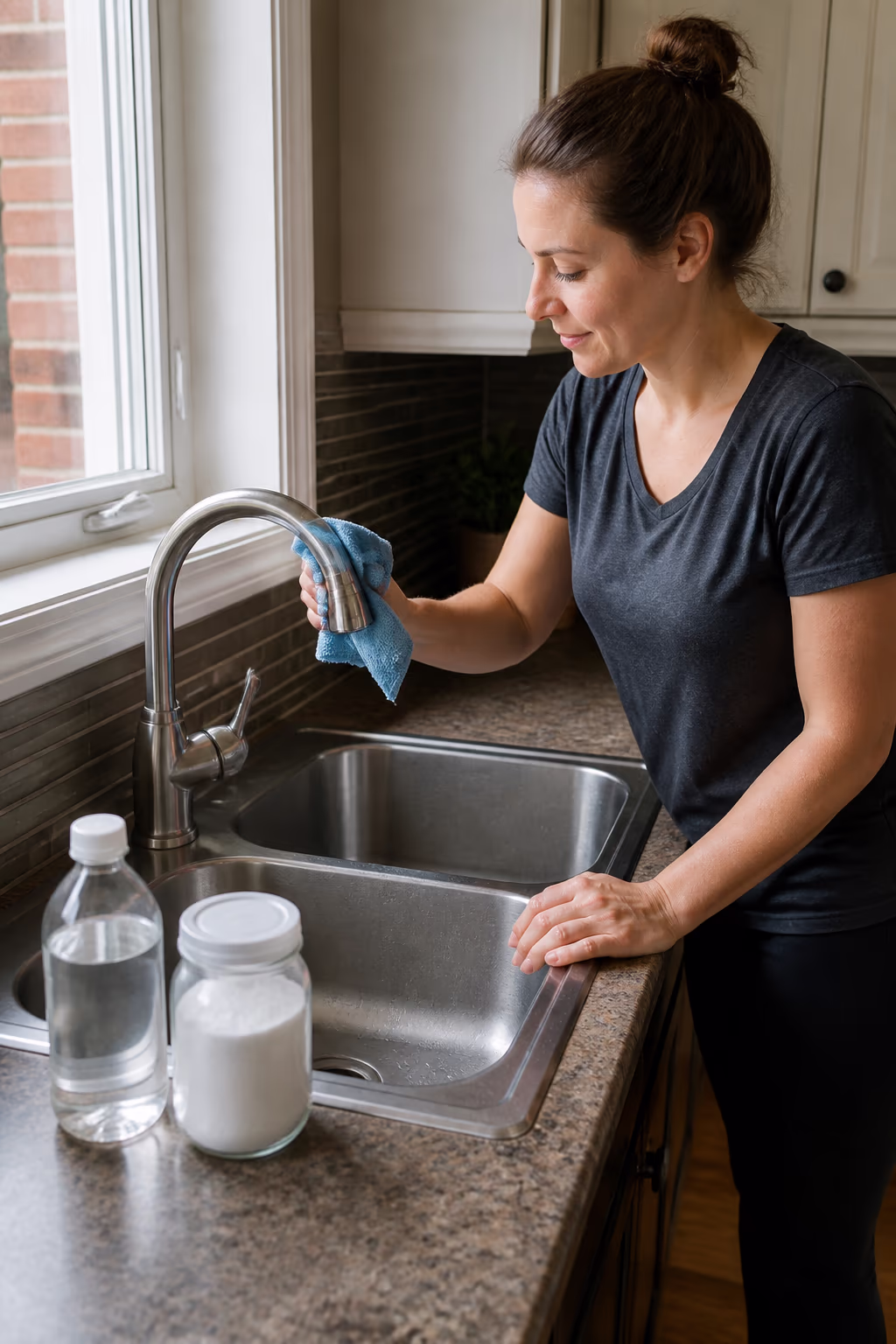 A cleaner polishing a stainless steel kitchen faucet and sink basin with a microfibre cloth, with baking soda and vinegar beside the basin.