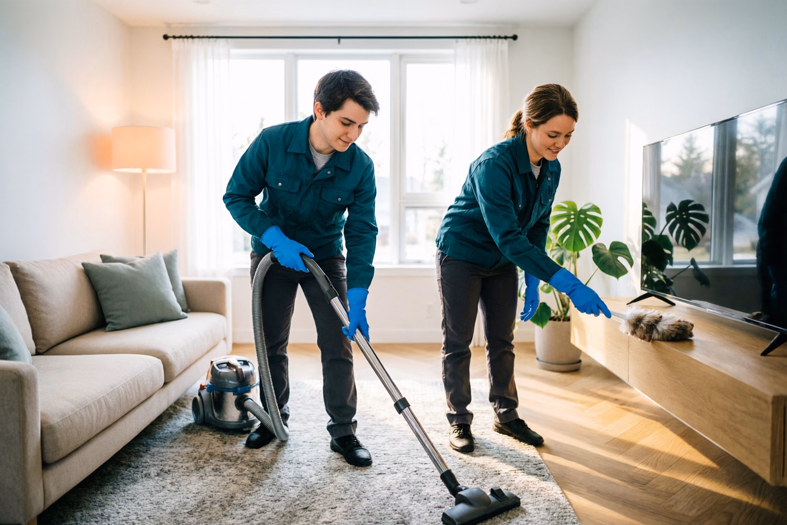 Two cleaners in green uniforms and yellow gloves vacuuming a carpet and dusting a bright living room during a top-to-bottom residential deep clean in an Ottawa home.