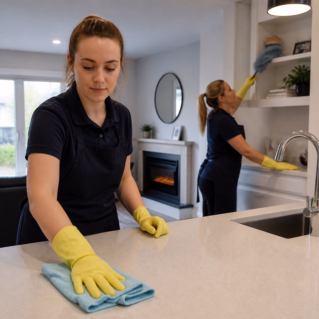 A professional cleaner in an apron and gloves reaching a high shelf with a microfibre duster while a second cleaner wipes a kitchen counter, showing the full scope of a restorative deep clean in an Ottawa home.