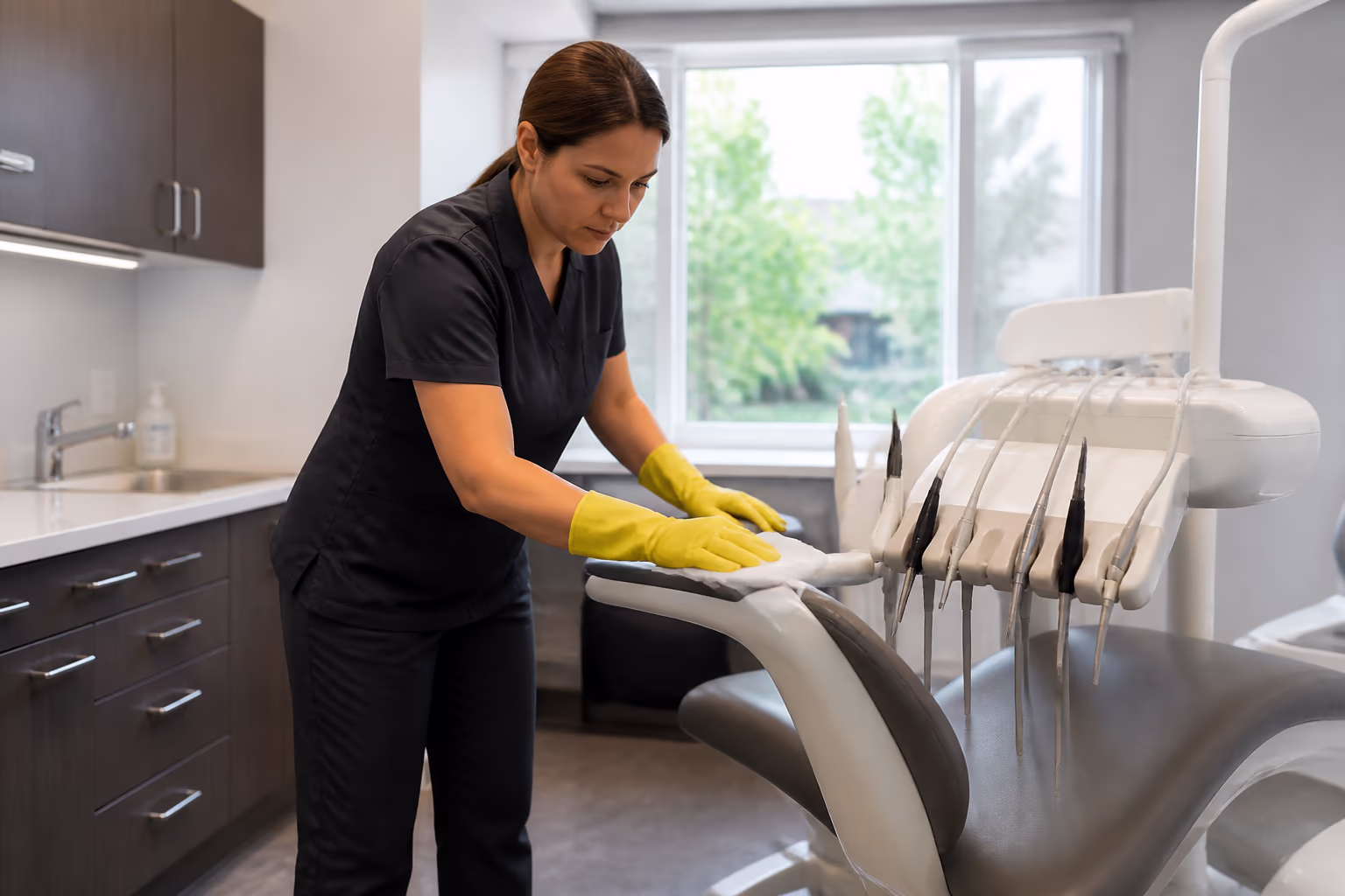 A professional cleaning technician in a uniform and yellow gloves wiping a dental operatory delivery unit and chair armrest with a hospital-grade disinfectant wipe in a bright clinic in Ottawa.