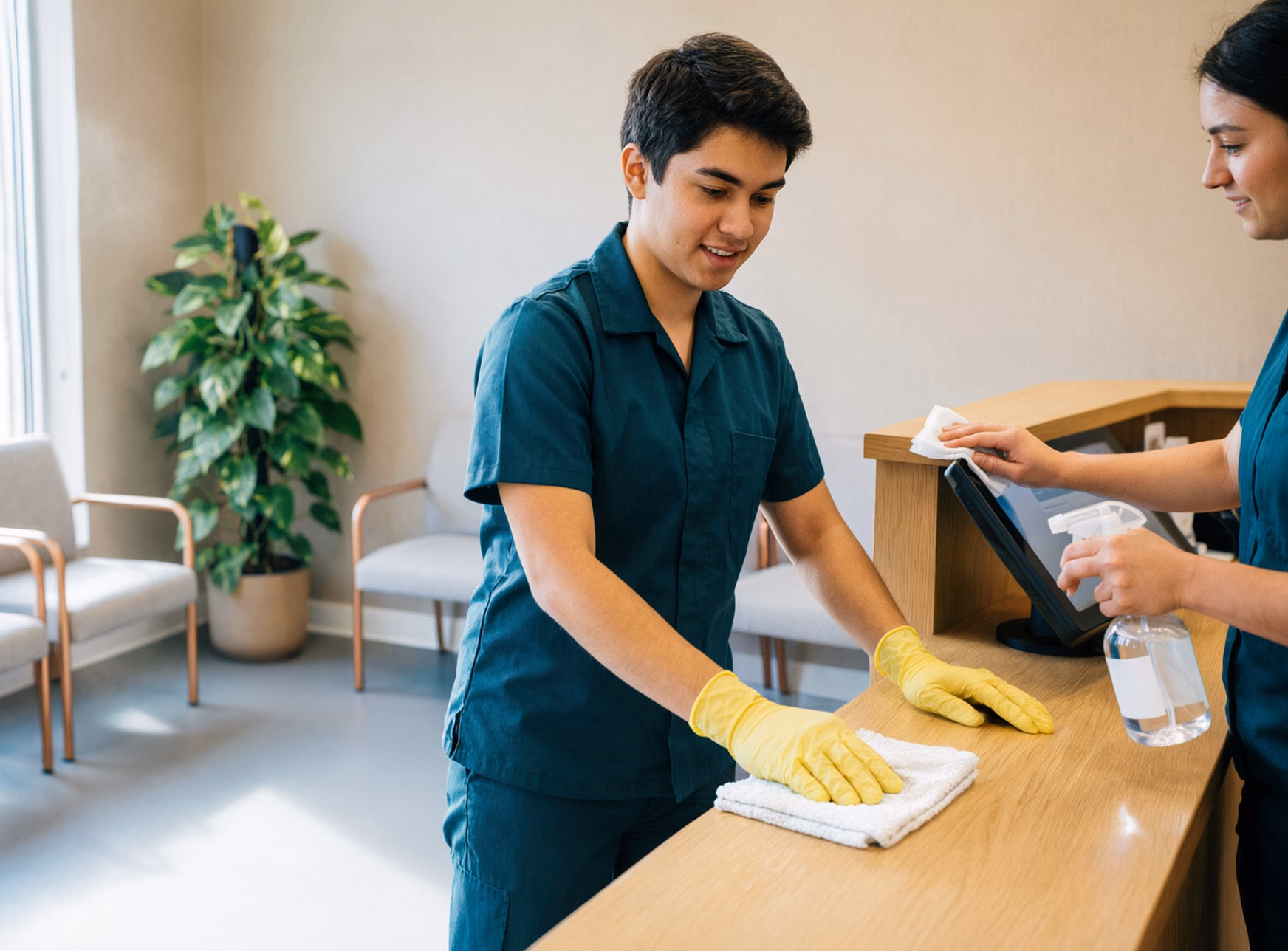 Cleaning technicians in uniform and yellow gloves cleaning a dental clinic waiting room and reception counter in Ottawa.