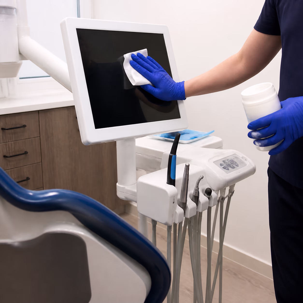 A close-up of a gloved cleaner applying a Health Canada DIN hospital-grade disinfectant to an operatory touchscreen and chair controls in a Canadian dental clinic.