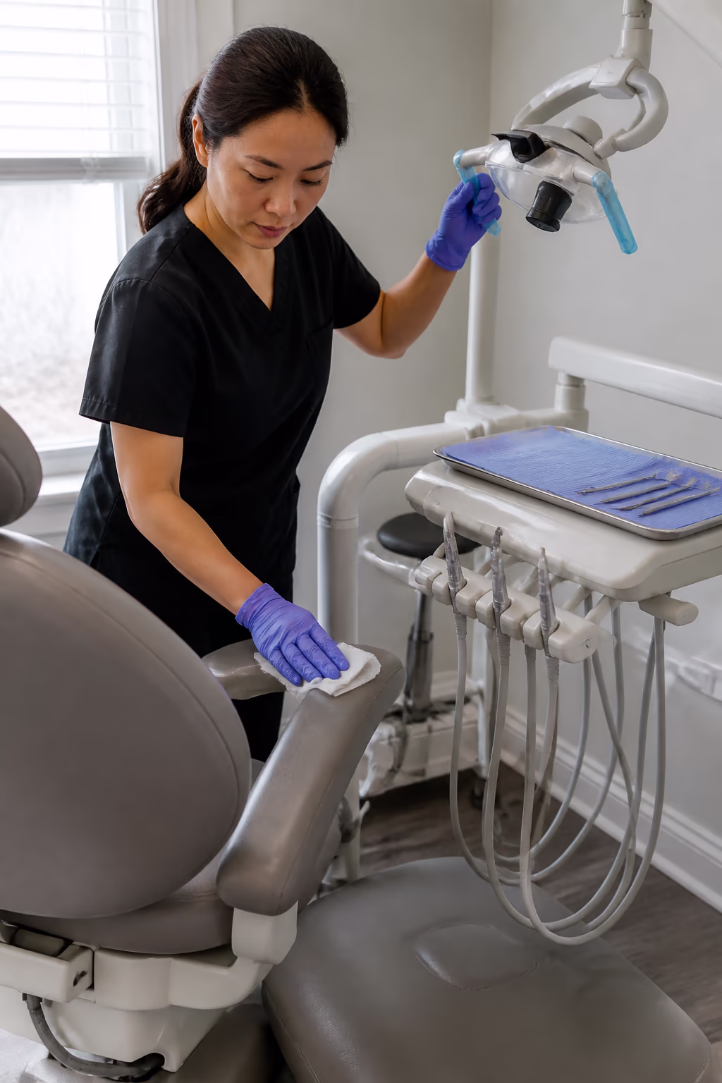 A cleaner disinfecting the dental chair armrest, delivery unit tray and overhead lamp handle in a dental operatory before the next patient sits down in Ottawa.