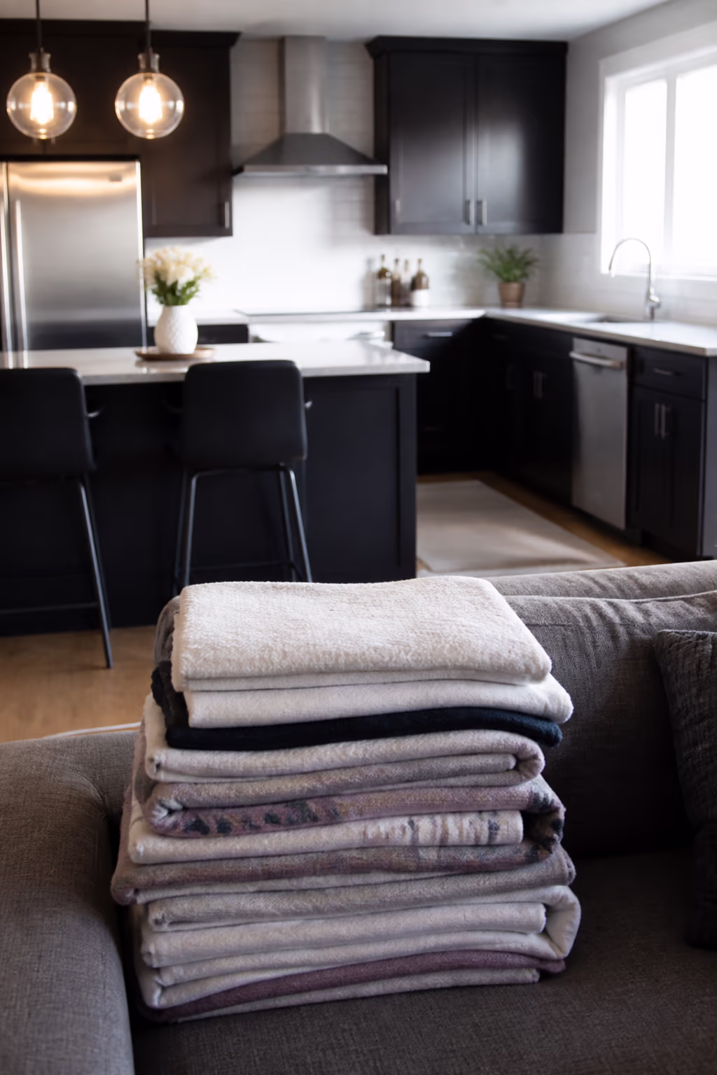 A tidy Ottawa kitchen after a professional deep clean with a neat stack of folded laundry on a nearby sofa, contrasting the cleaner's focused deep sanitation with a housekeeper's daily household upkeep.