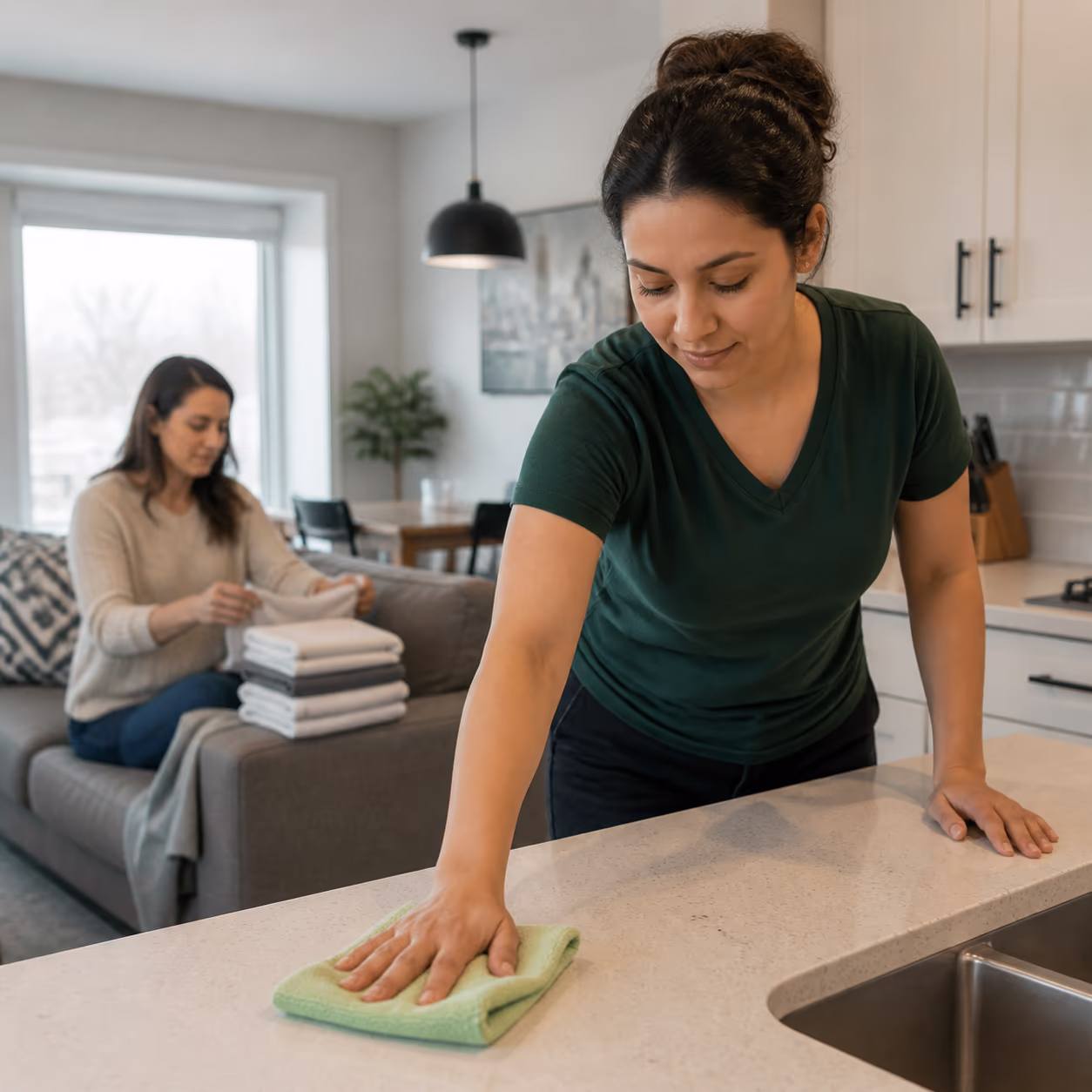 A housekeeper folding a stack of fresh laundry on a sofa while a professional cleaner in a green uniform wipes a kitchen counter in a bright Ottawa home, illustrating the two sides of household help.