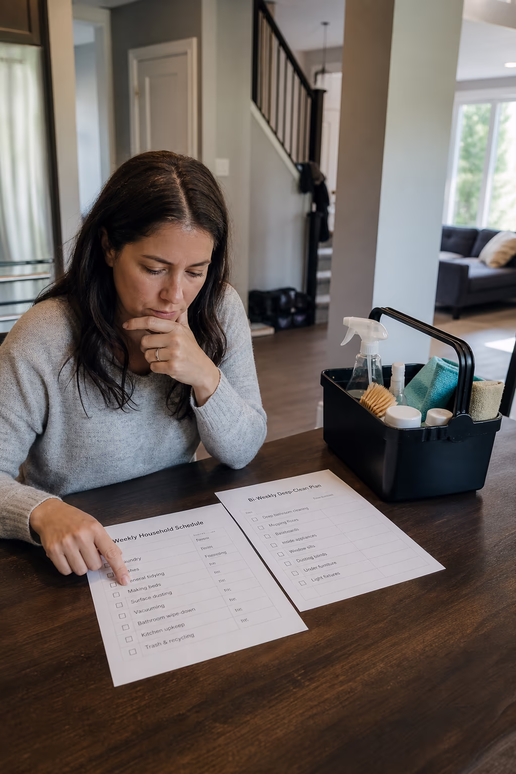 A homeowner in an Ottawa kitchen comparing a weekly housekeeping schedule and a bi-weekly deep-clean plan on a table beside a cleaning caddy, deciding which service fits the household.