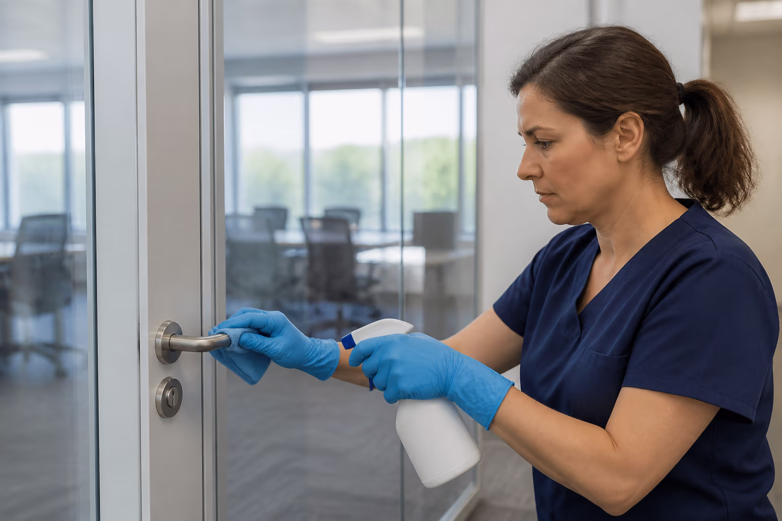 A gloved technician spraying a Health Canada DIN registered disinfectant onto a high-touch door handle and wiping it with a microfibre cloth in a bright commercial office in Ottawa.