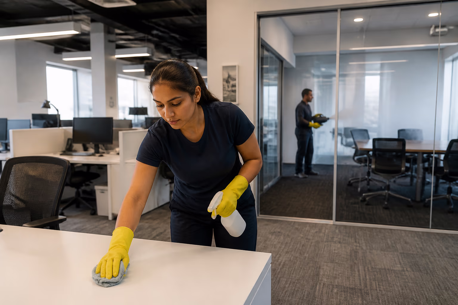 Cleaning technicians in uniform and yellow gloves disinfecting high-touch surfaces in an open-plan Ottawa office, with one technician fogging a meeting room in the background.