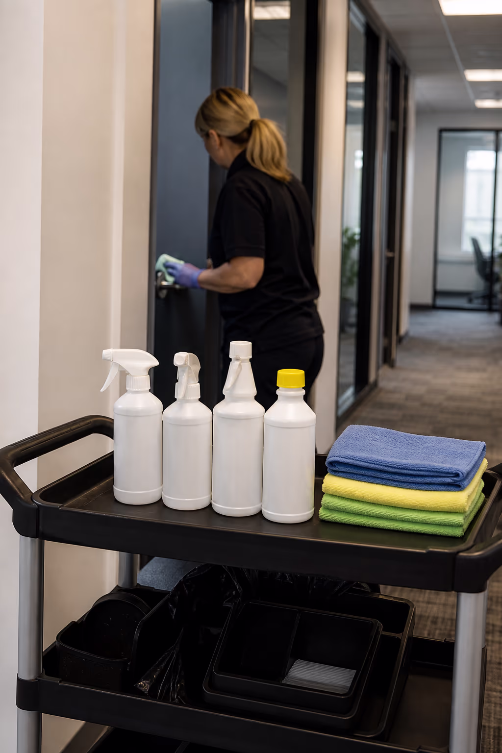 A neat row of Health Canada DIN registered disinfectant bottles and folded microfibre cloths on a janitorial cart in an Ottawa office hallway, ready for the nightly disinfection pass.