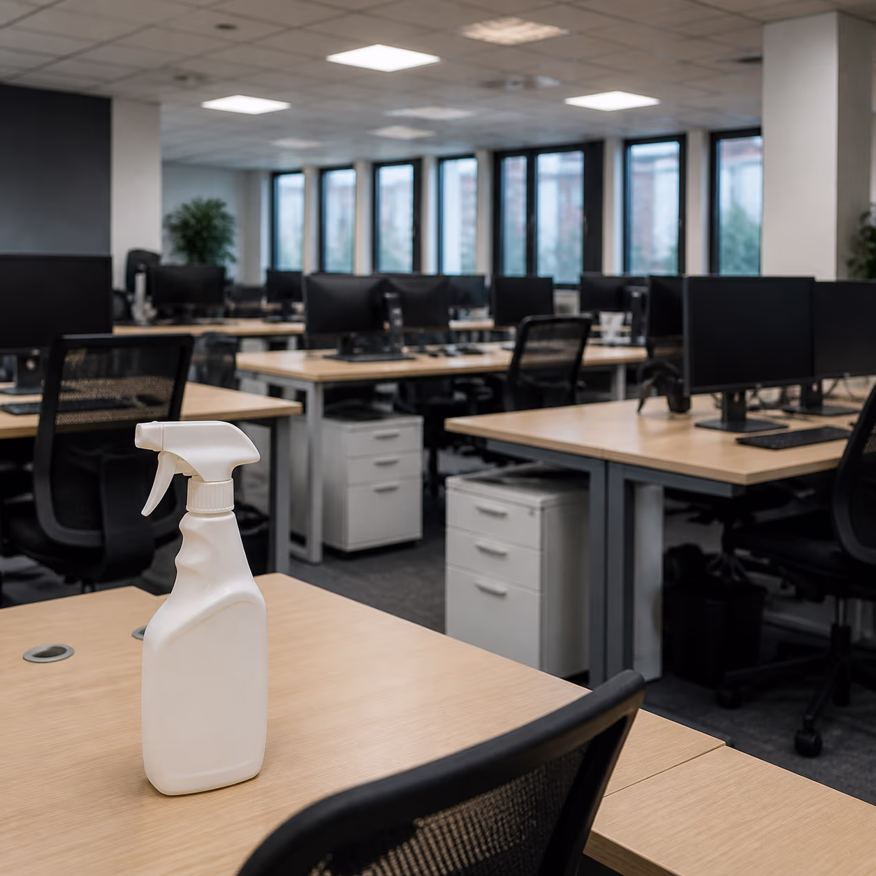 A household trigger-spray bottle of disinfectant set on an open-plan office desk, with rows of workstations stretching behind it showing why a single retail bottle cannot cover hundreds of touchpoints.
