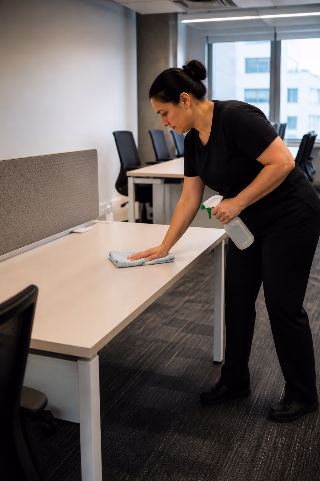 A technician in a uniform running an electrostatic sprayer along a row of desks, with a fine mist settling over an open-plan office in Ottawa.