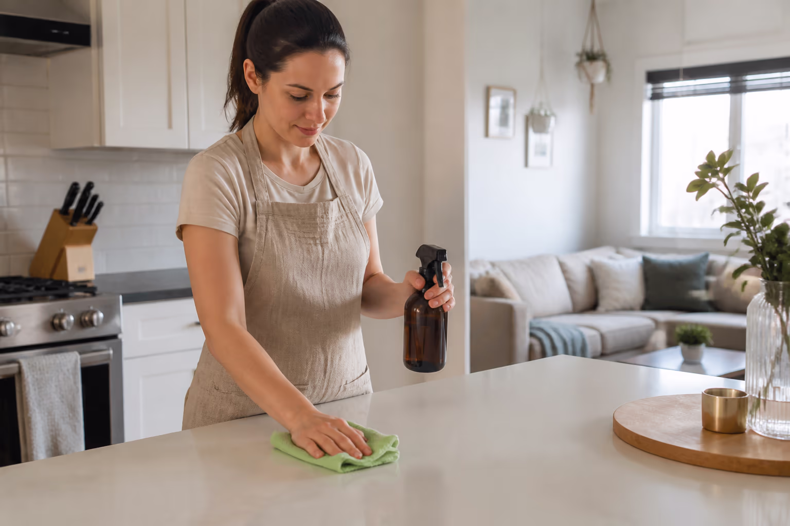 A professional cleaner in an apron and yellow gloves holding a caddy of cloths and cleaning bottles beside a bright kitchen counter in an Ottawa home.