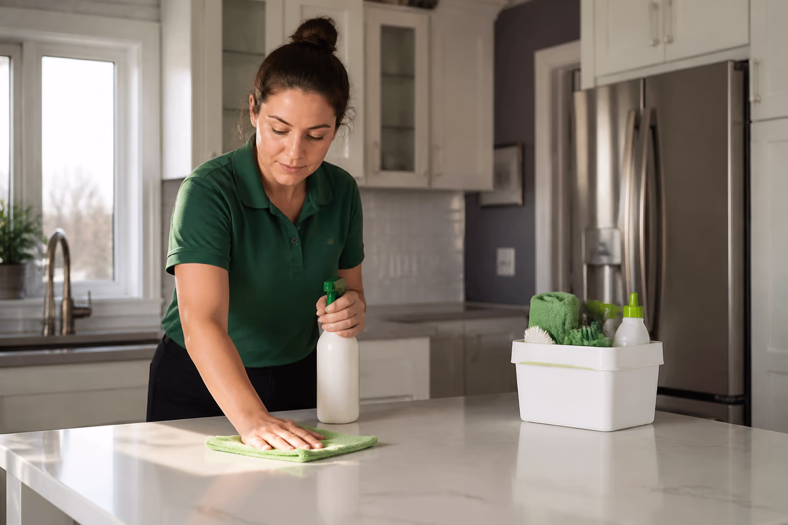 A cleaning technician in a green uniform and yellow gloves wiping a kitchen counter with a cloth and a bottle of non-toxic cleaner in a bright Ottawa home, with a caddy of eco-friendly supplies beside her.