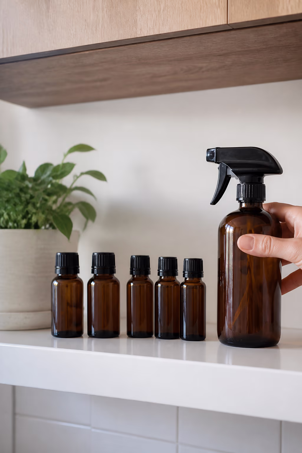 A neat row of amber glass essential oil bottles and a clearly labelled reusable spray bottle on a bright Ottawa kitchen shelf, ready for a non-toxic weekly freshening routine.