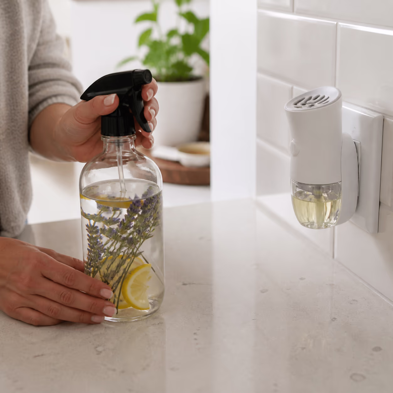 A clear glass spray bottle of homemade lemon and lavender room spray beside a commercial plug-in air freshener on a bright kitchen counter, soft daylight.