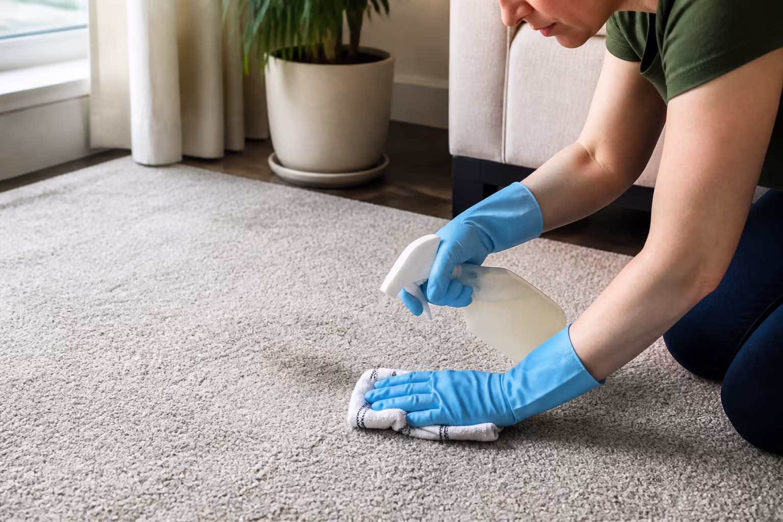 Gloved hands spraying a cleaning solution onto a surface and wiping it with a cloth, the spot-treatment motion behind a DIY stain removal routine.