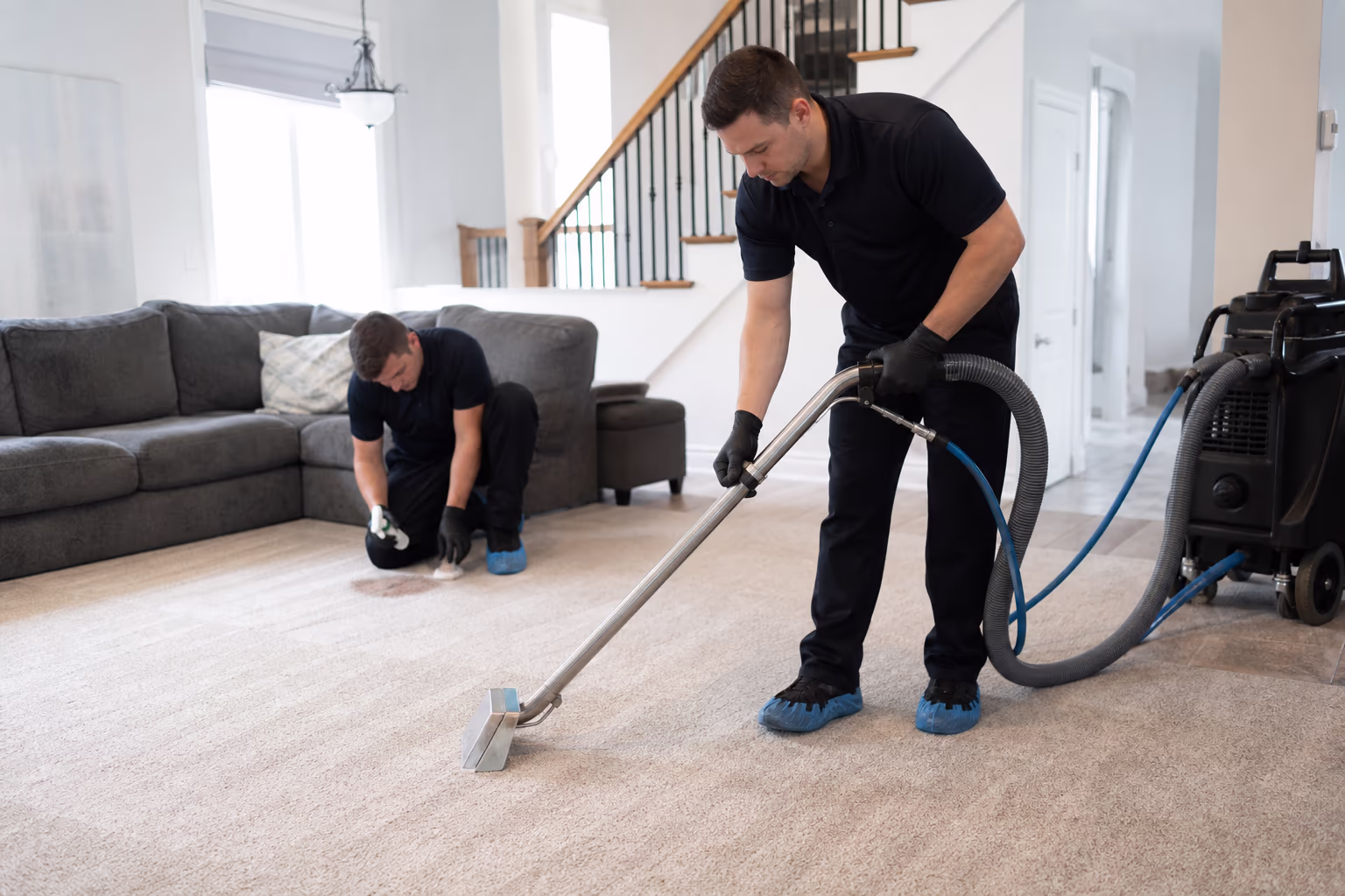 A cleaning technician running a truck-mount hot-water extraction wand across a residential carpet in Ottawa while a second cleaner pre-treats a set-in stain nearby.
