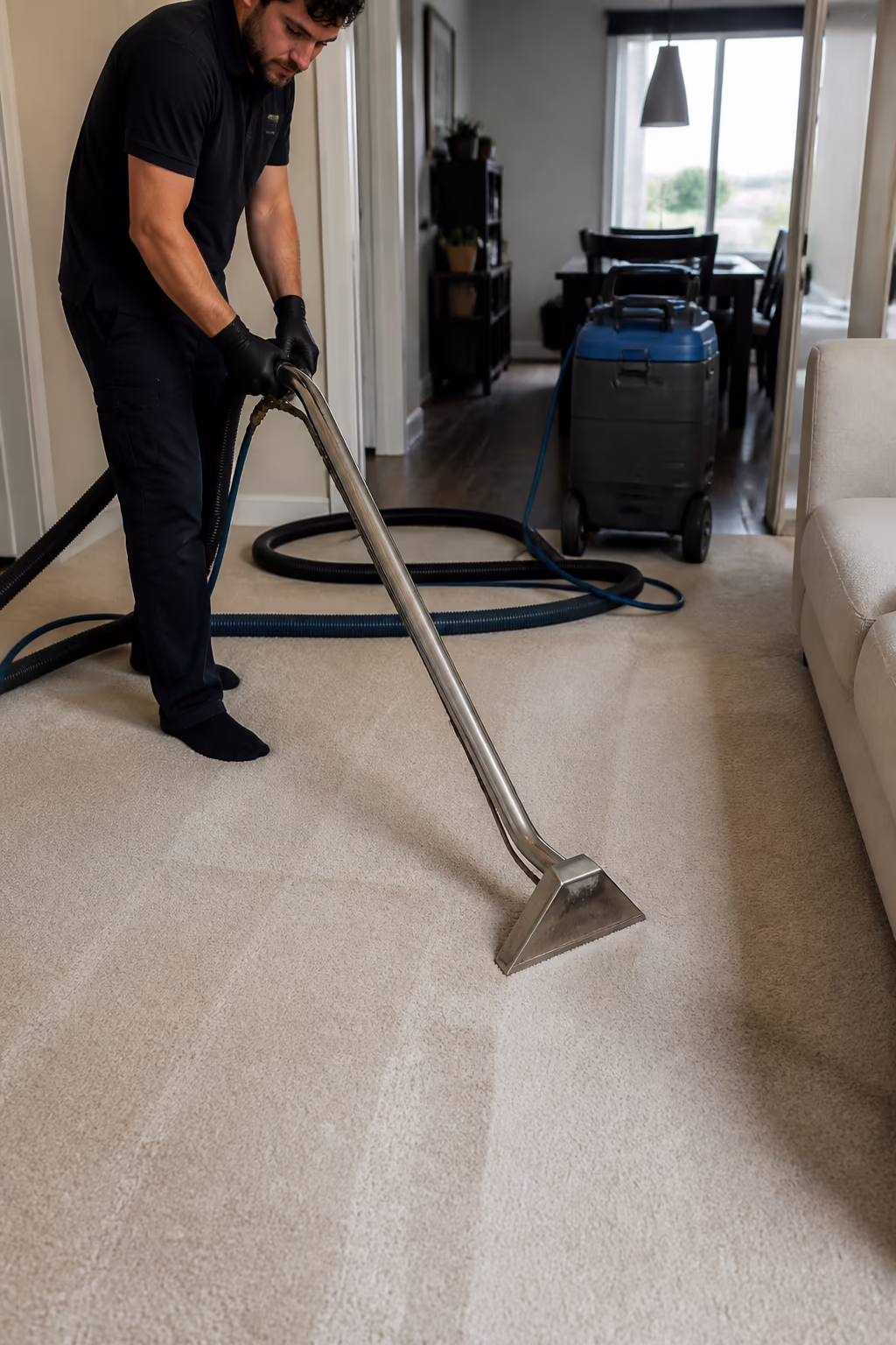 A close view of an Ottawa living room carpet after professional hot-water extraction, the pile lifted and clean with the extraction wand resting on the floor beside it.