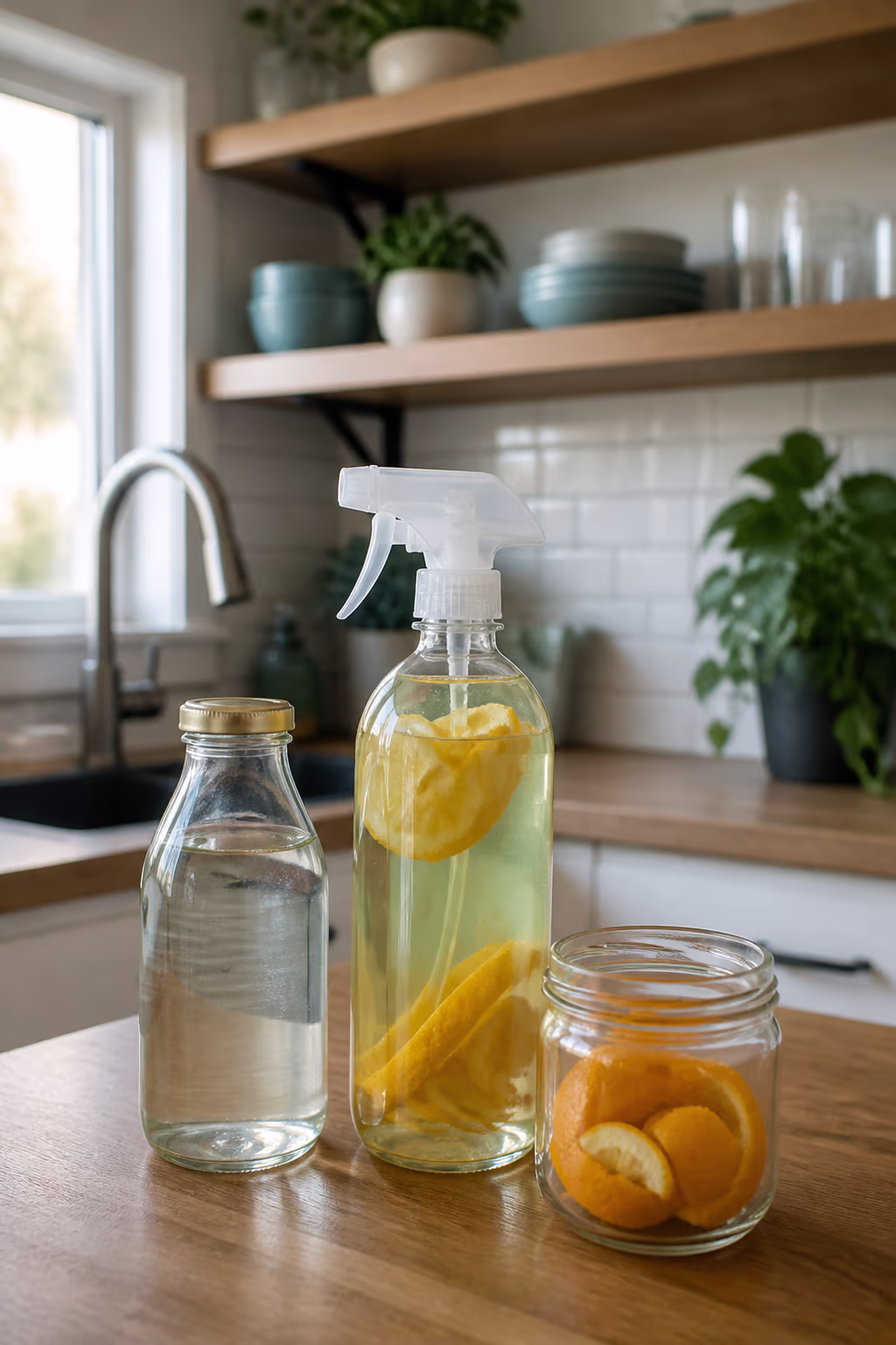 A labelled glass spray bottle of homemade citrus cleaner beside a small jar of white vinegar and saved citrus peels on an Ottawa kitchen shelf.