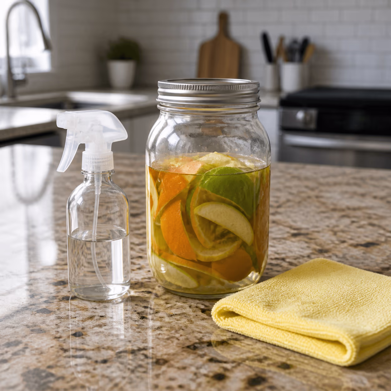A glass jar of white vinegar with lemon, orange and lime peels steeping on a kitchen counter, beside a small glass spray bottle and a folded microfibre cloth.