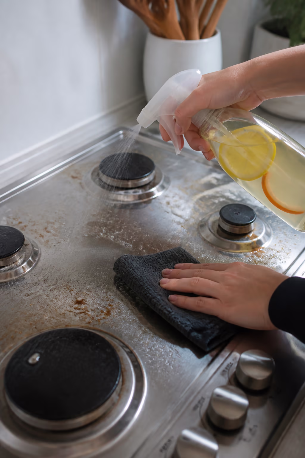 A close view of a glass spray bottle of pale citrus-infused vinegar being sprayed on a greasy stovetop, with a cloth lifting the loosened oil.