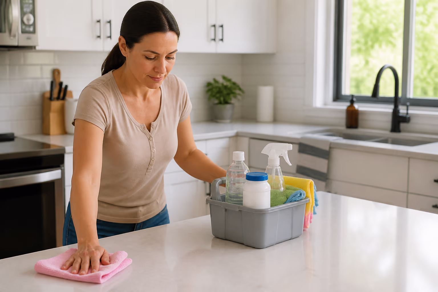A home cleaner in a bright kitchen holding a caddy stocked with white vinegar, baking soda, microfibre cloths and a spray bottle, the everyday staples behind these DIY cleaning hacks.