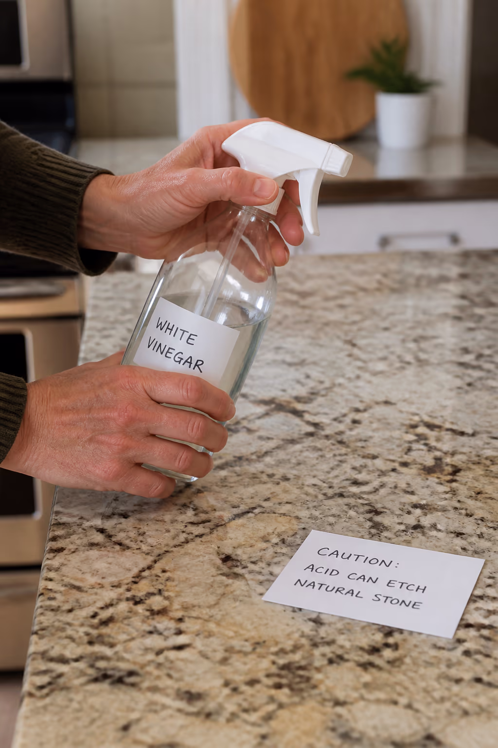A close-up of hands holding a spray bottle of white vinegar away from a polished granite countertop, with a caution note nearby about acid etching natural stone.