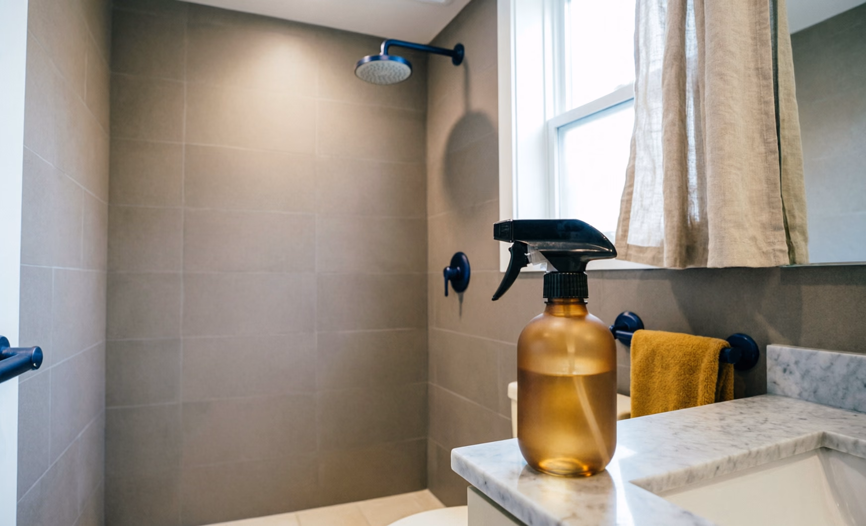 A tidy Ottawa bathroom with a small bag of white vinegar tied over a showerhead and a refillable spray bottle on the ledge, the low-cost DIY hacks behind these frequently asked questions.