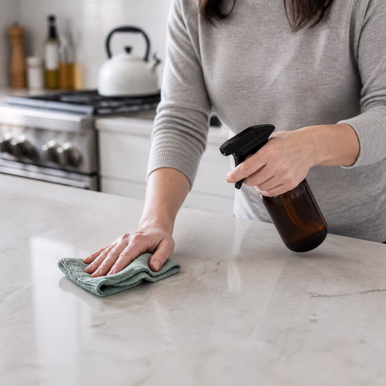A tidy Ottawa kitchen counter with a reusable spray bottle, a folded microfibre cloth and a halved lemon beside a small bowl of baking soda, the low-cost DIY cleaning staples this guide builds on.