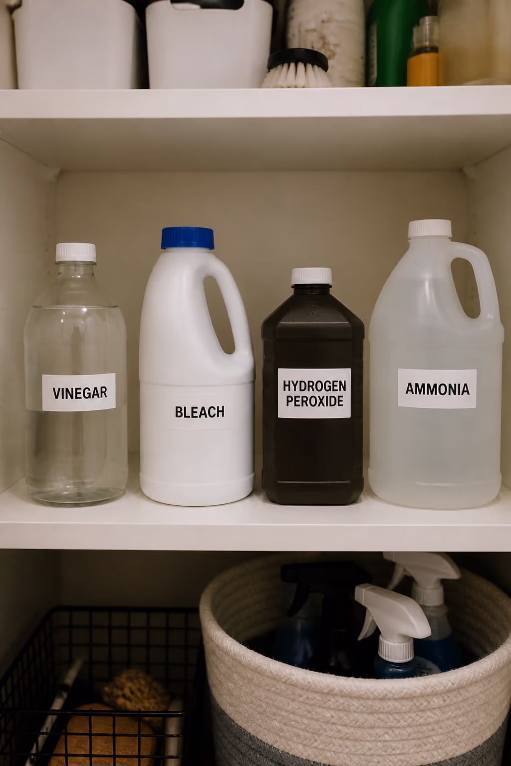 A neat row of clearly labelled household cleaner bottles, vinegar, bleach, hydrogen peroxide and ammonia, each stored separately in its original container on an Ottawa pantry shelf.