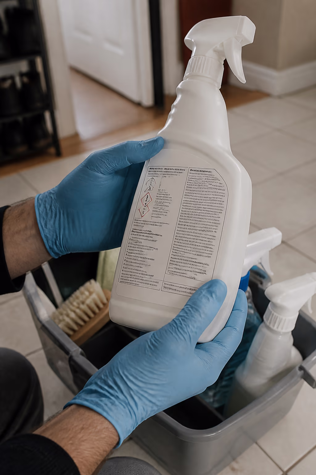 A close-up of a gloved hand holding a single spray bottle of household cleaner with the warning label in focus, showing how one product and one label prevent a mixing hazard.