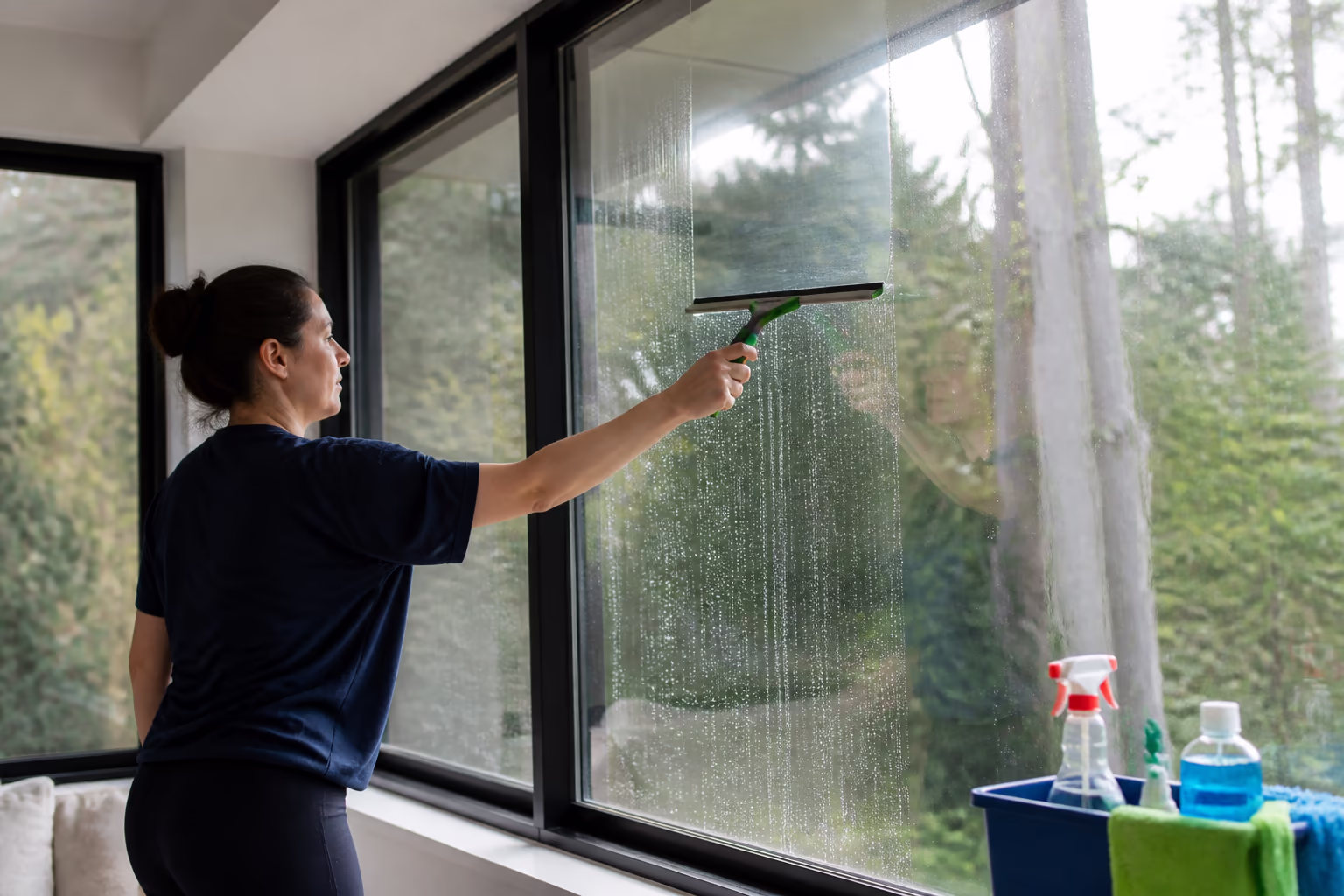 A uniformed cleaning technician wiping a large office glass wall with a microfibre cloth beside a colour-coded cleaning caddy.