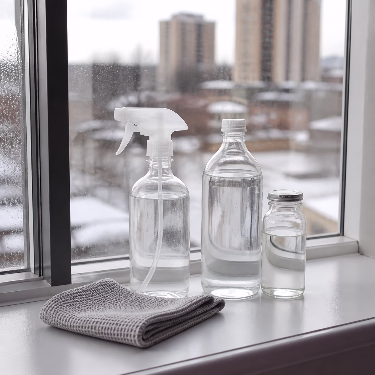 A clear glass spray bottle labelled DIY glass cleaner beside a waffle-weave microfibre cloth, a bottle of distilled water and a small jar of white vinegar on a bright windowsill in an Ottawa home.