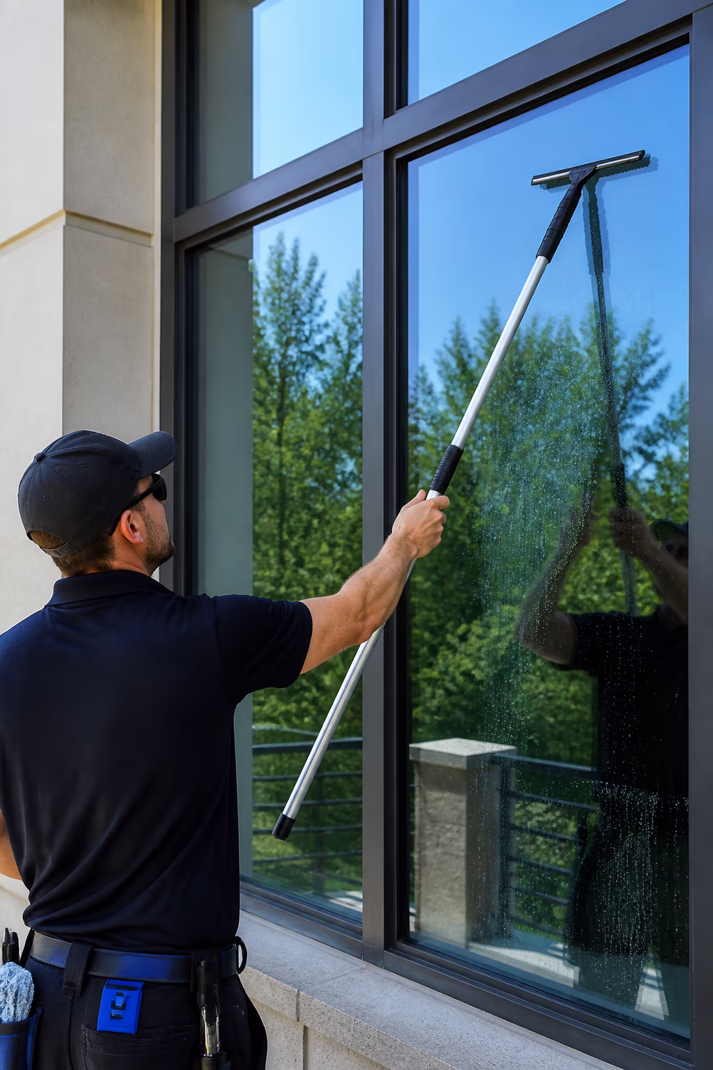 A professional window cleaner in a uniform using a squeegee and a purified-water extension pole on a tall exterior window of an Ottawa home on a clear day.