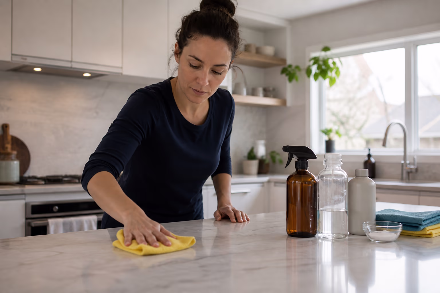 Cleaning technicians in uniform and yellow gloves with a caddy of cleaning supplies and microfibre cloths, ready for a safe residential or commercial clean in Ottawa.