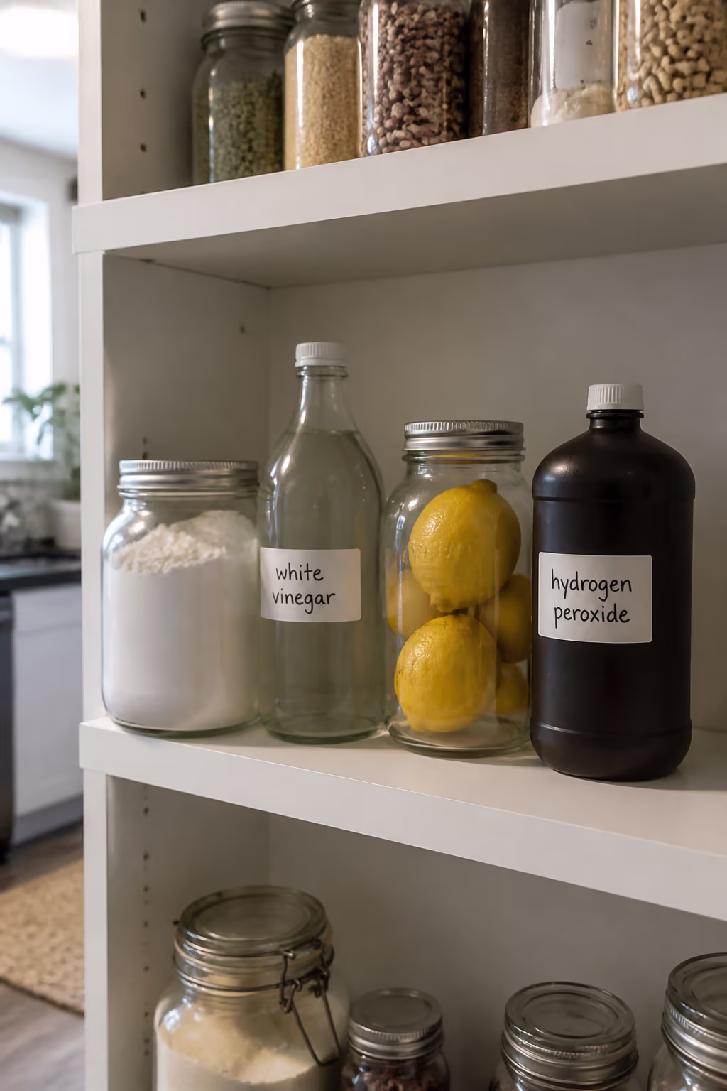 A labelled pantry shelf in an Ottawa home with glass jars of baking soda, white vinegar, fresh lemons and a dark bottle of hydrogen peroxide, each ready for a safe natural clean.