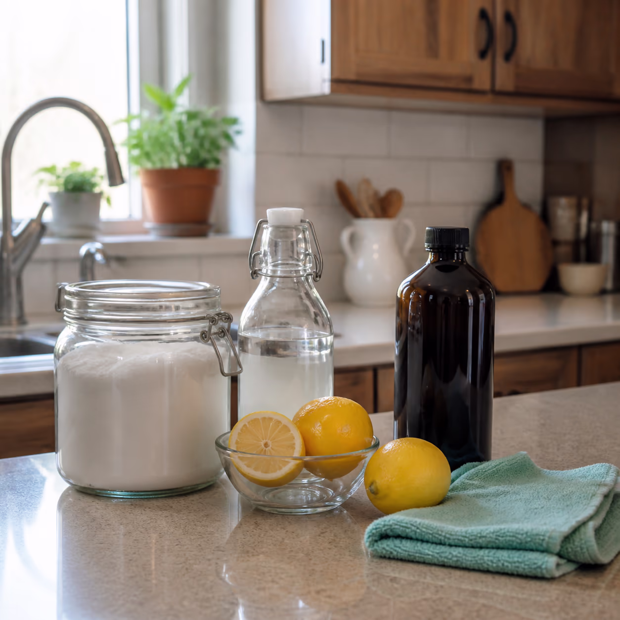 A bright Ottawa kitchen counter lined with glass jars of baking soda, white vinegar, fresh lemons and a dark bottle of hydrogen peroxide beside a folded microfibre cloth.