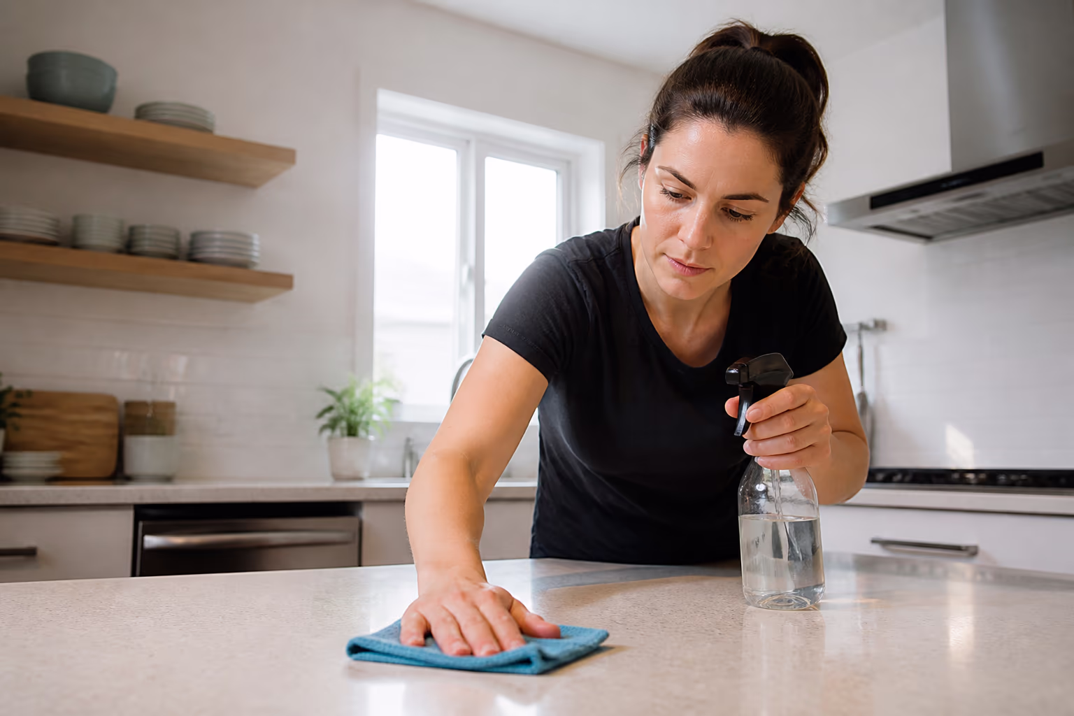 A cleaner holding a spray bottle and a microfibre cloth in a bright kitchen, ready to wipe a countertop.
