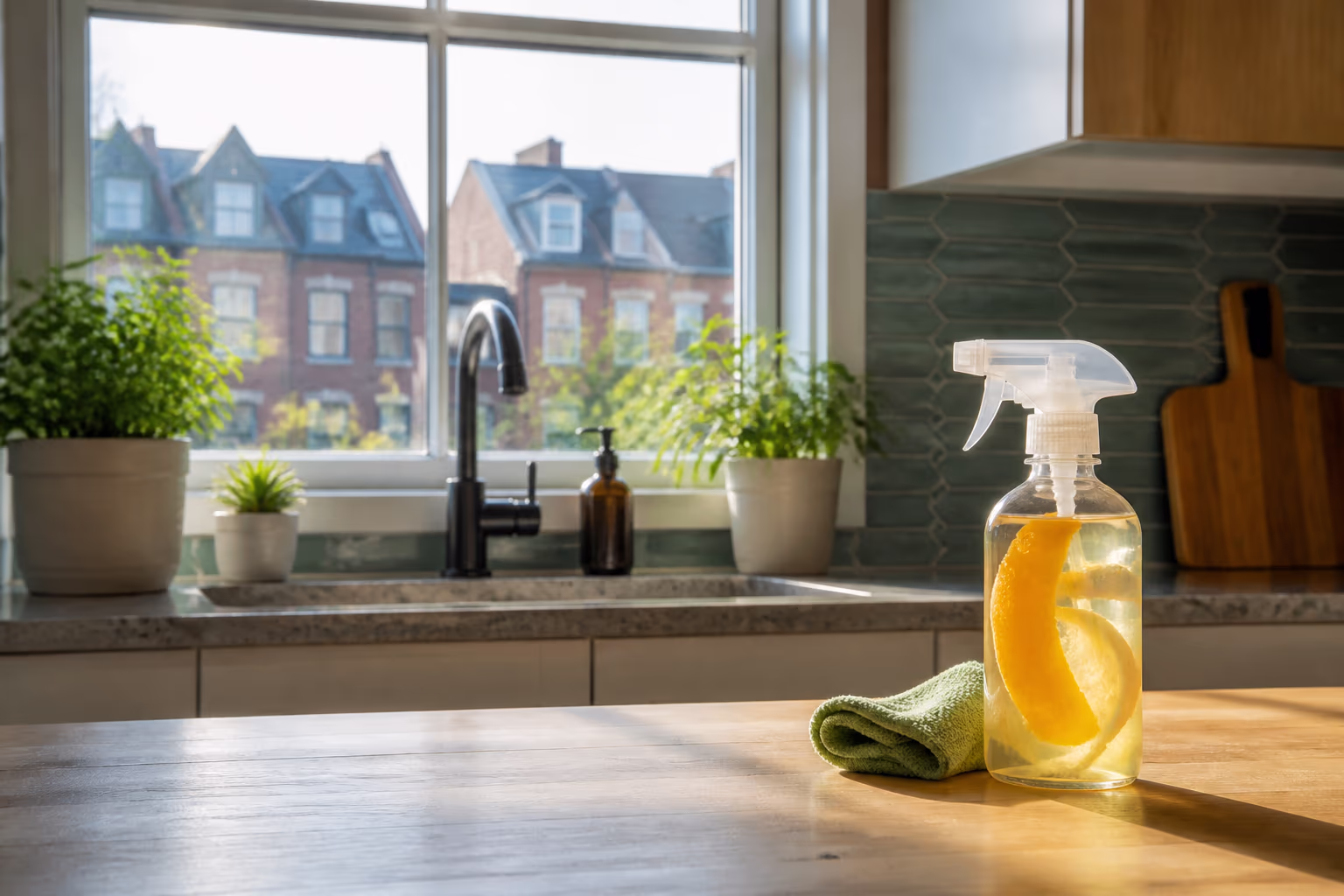 A sunlit Ottawa row-house kitchen with a window over the sink, a glass bottle of citrus vinegar spray and a folded microfibre cloth on the counter, showing how the same DIY kit fits homes across the city.