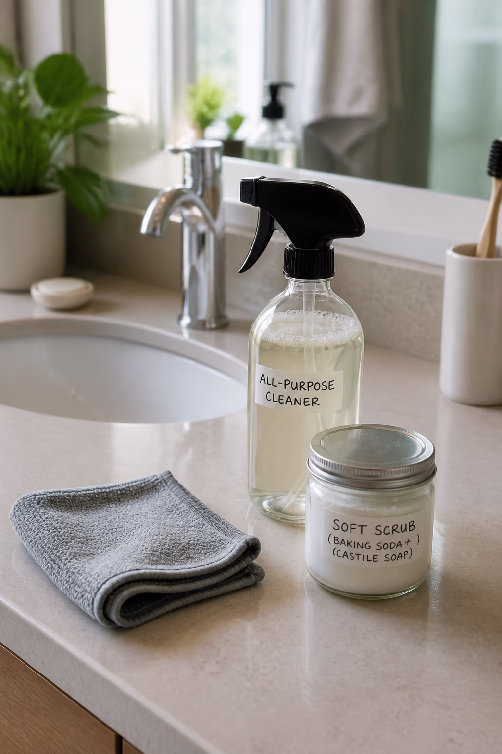 A bathroom counter with a glass spray bottle, a small jar of soft-scrub paste and a folded microfibre cloth beside the sink, the DIY kit within reach for the morning clean.
