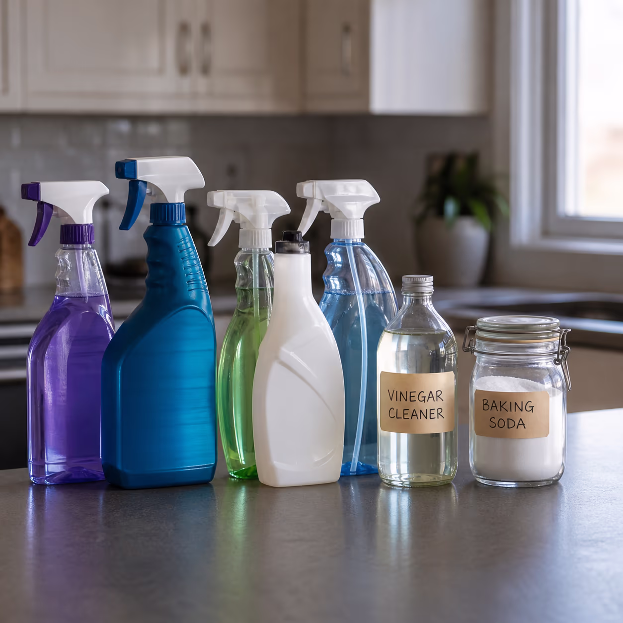 A kitchen counter holding a row of single-use plastic cleaning spray bottles beside a small glass bottle of homemade vinegar cleaner and a jar of baking soda, contrasting plastic packaging with a simpler pantry kit.