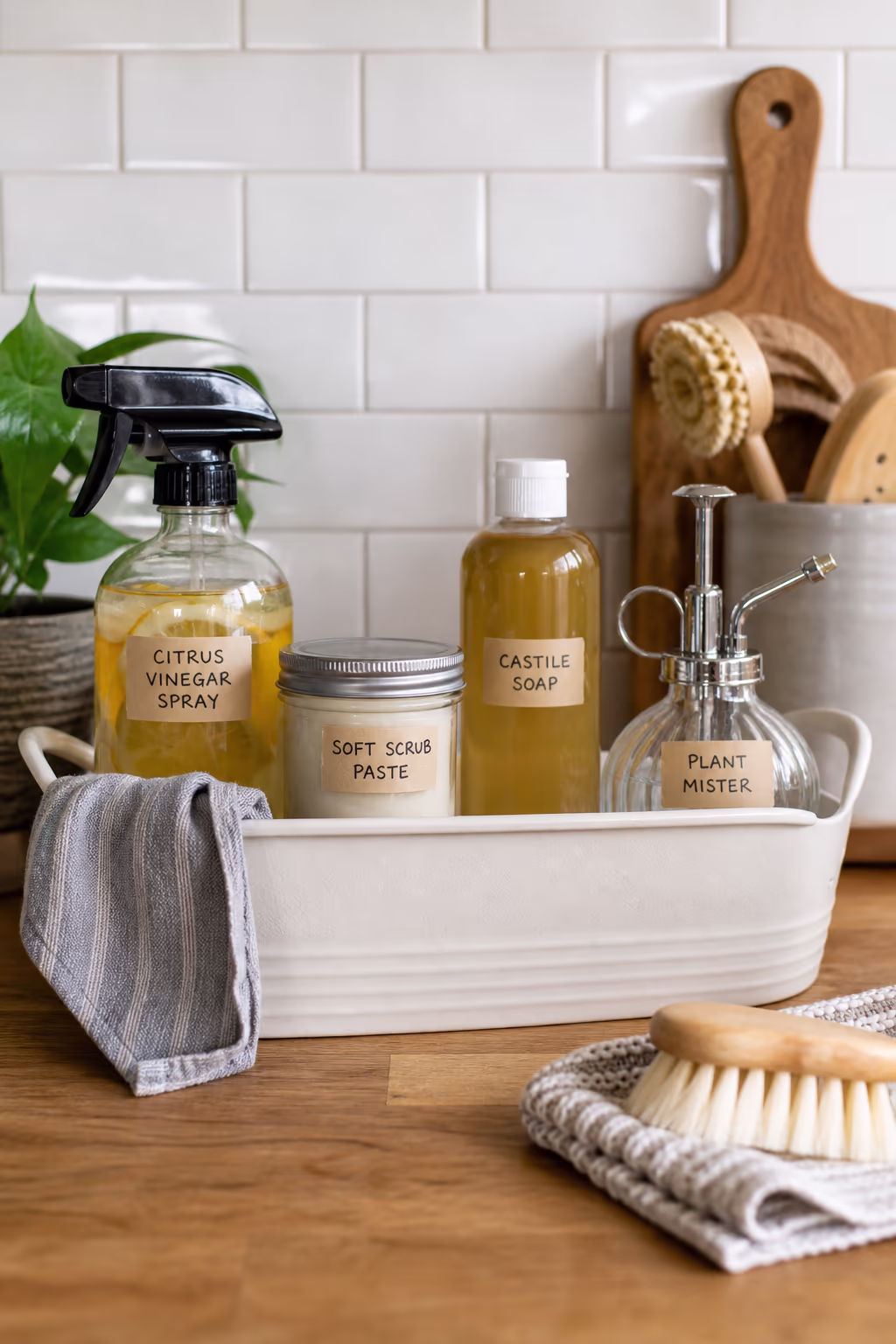A home cleaning caddy with a glass bottle of citrus vinegar spray, a small jar of soft-scrub paste, a bottle of castile soap and a glass mister arranged on a countertop, each labelled for its own cleaning job.